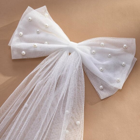 🆕 Women White Bridal Hair Bow Veil Bow Clip Bachelorette Accessories - Picture 5 of 9
